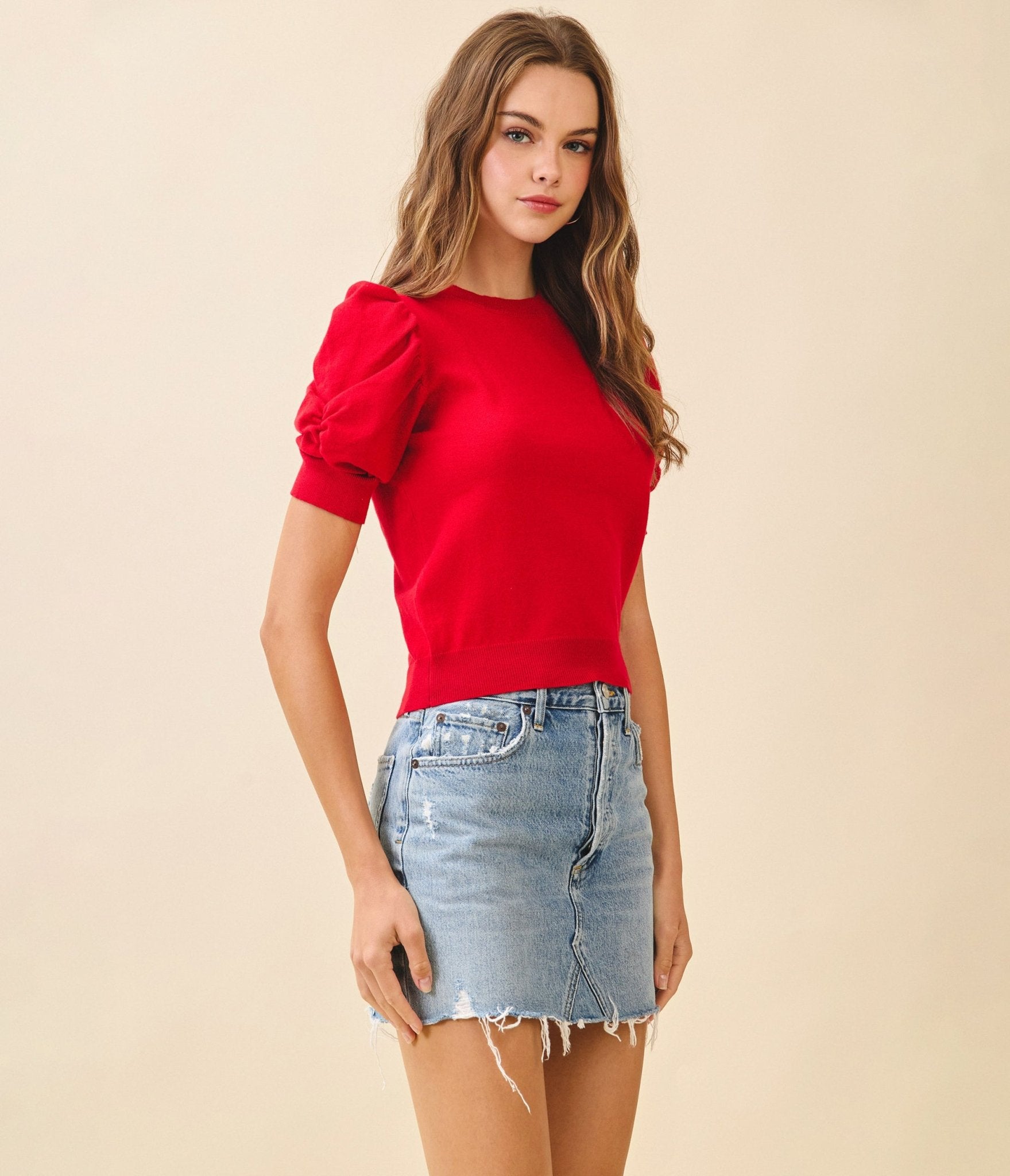 Red Puffed Sleeves Knit Top - Unique Vintage - Womens, TOPS, KNIT TOPS