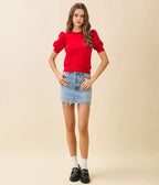 Red Puffed Sleeves Knit Top - Unique Vintage - Womens, TOPS, KNIT TOPS