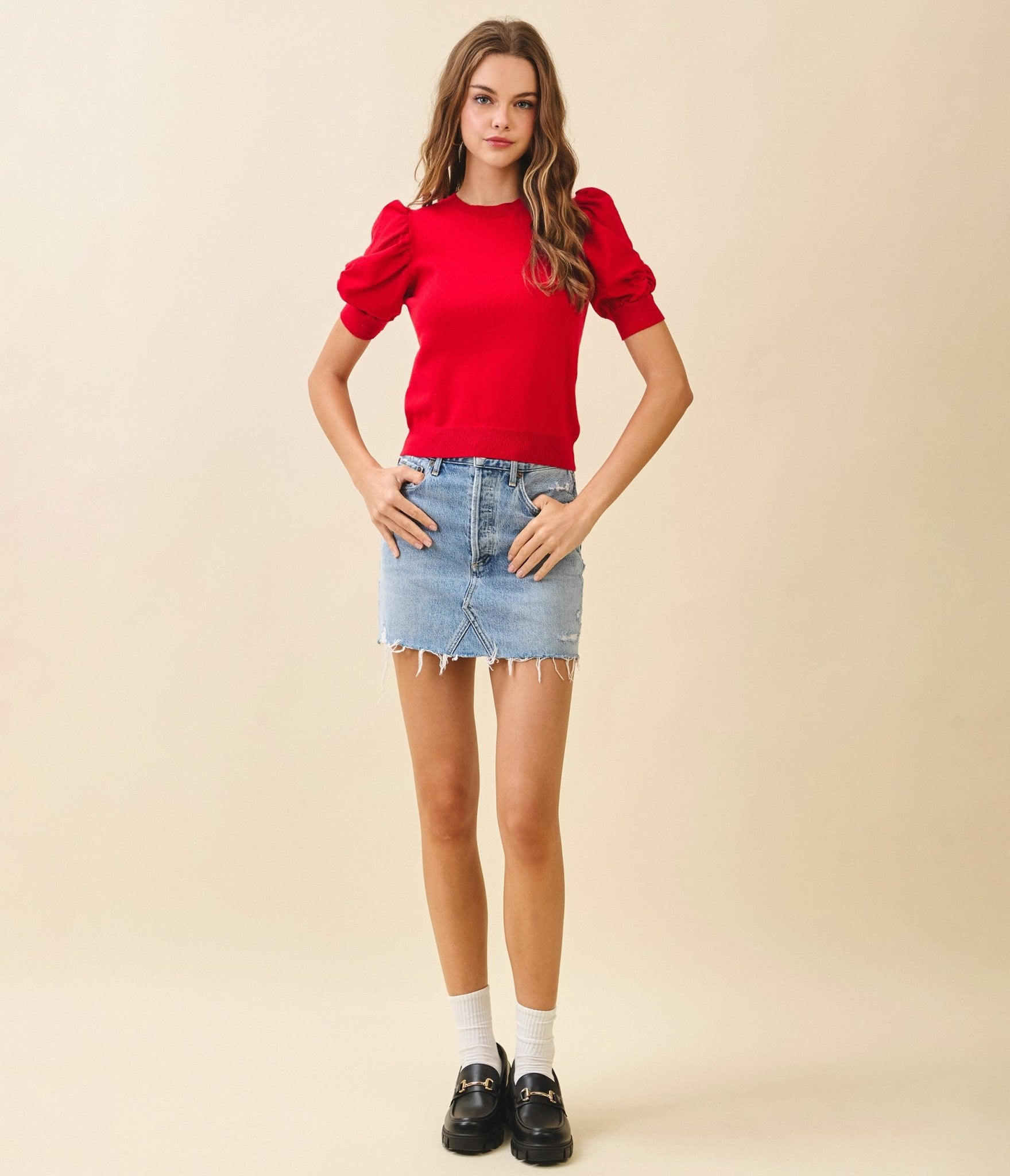 Red Puffed Sleeves Knit Top - Unique Vintage - Womens, TOPS, KNIT TOPS