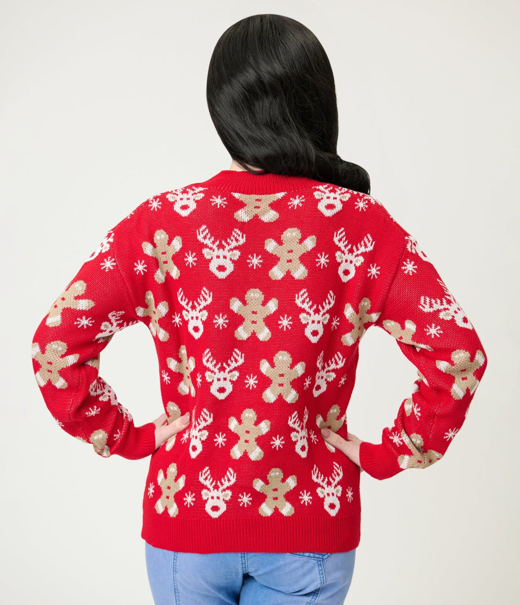 Red Reindeer & Gingerbread Man Cardigan - Unique Vintage - Womens, TOPS, SWEATERS