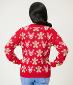 Red Reindeer & Gingerbread Man Cardigan - Unique Vintage - Womens, TOPS, SWEATERS