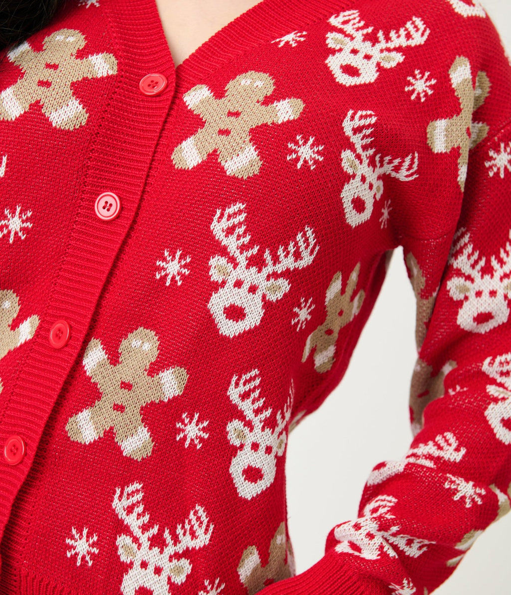 Red Reindeer & Gingerbread Man Cardigan - Unique Vintage - Womens, TOPS, SWEATERS