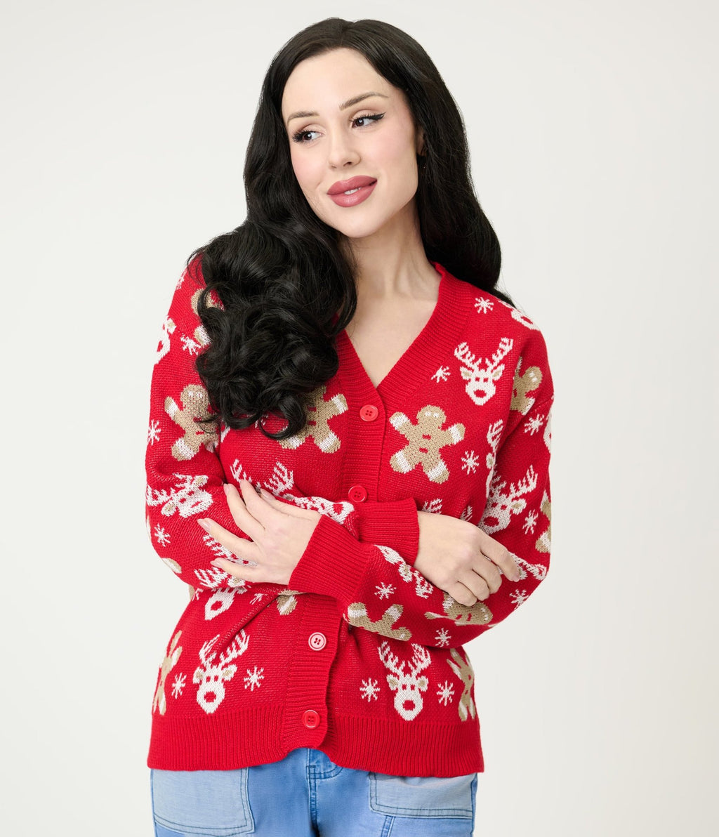 Red Reindeer & Gingerbread Man Cardigan - Unique Vintage - Womens, TOPS, SWEATERS