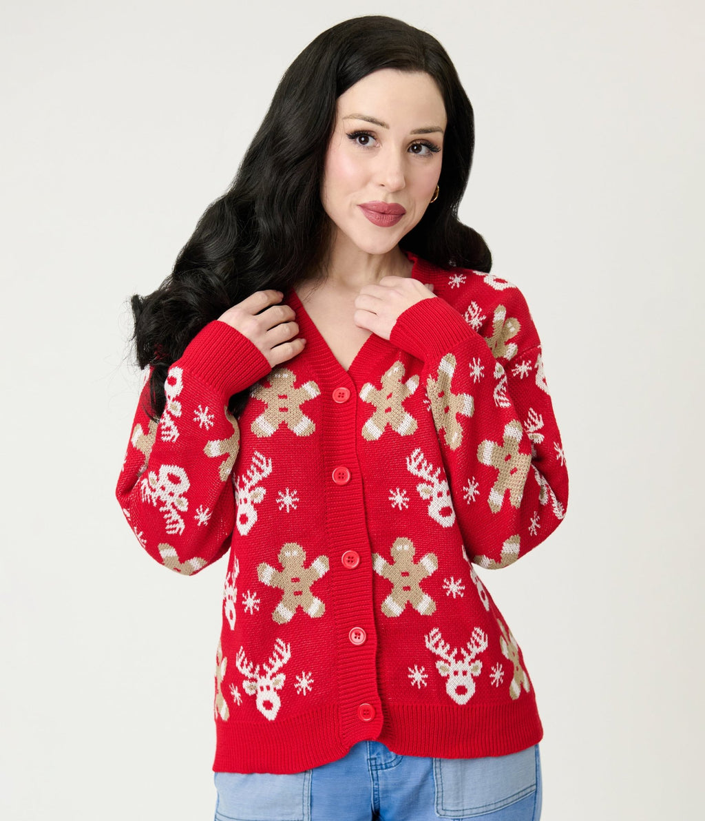 Red Reindeer & Gingerbread Man Cardigan - Unique Vintage - Womens, TOPS, SWEATERS