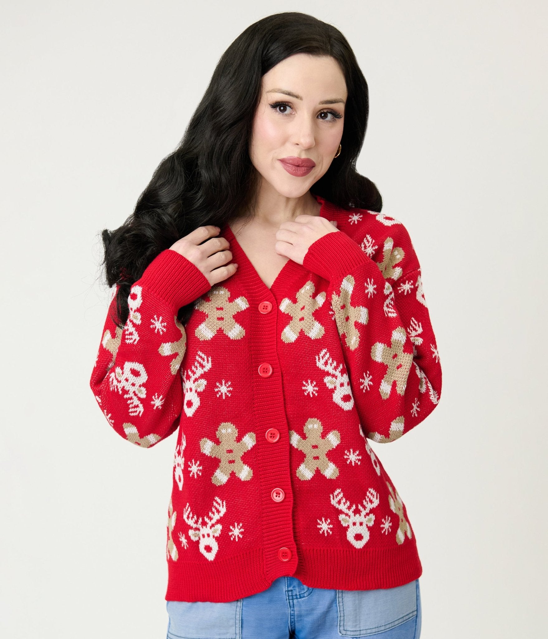 Red Reindeer & Gingerbread Man Cardigan - Unique Vintage - Womens, TOPS, SWEATERS