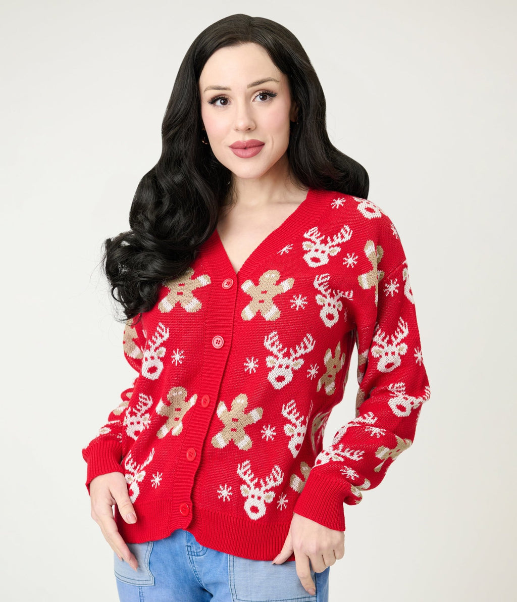 Red Reindeer & Gingerbread Man Cardigan - Unique Vintage - Womens, TOPS, SWEATERS