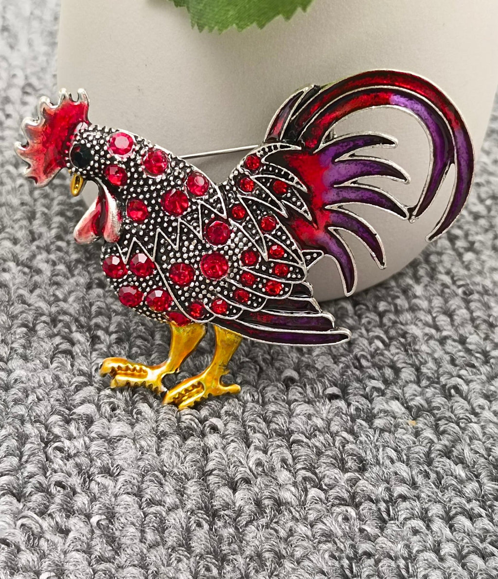 Red Rhinestone Rooster Brooch - Unique Vintage - Womens, ACCESSORIES, JEWELRY