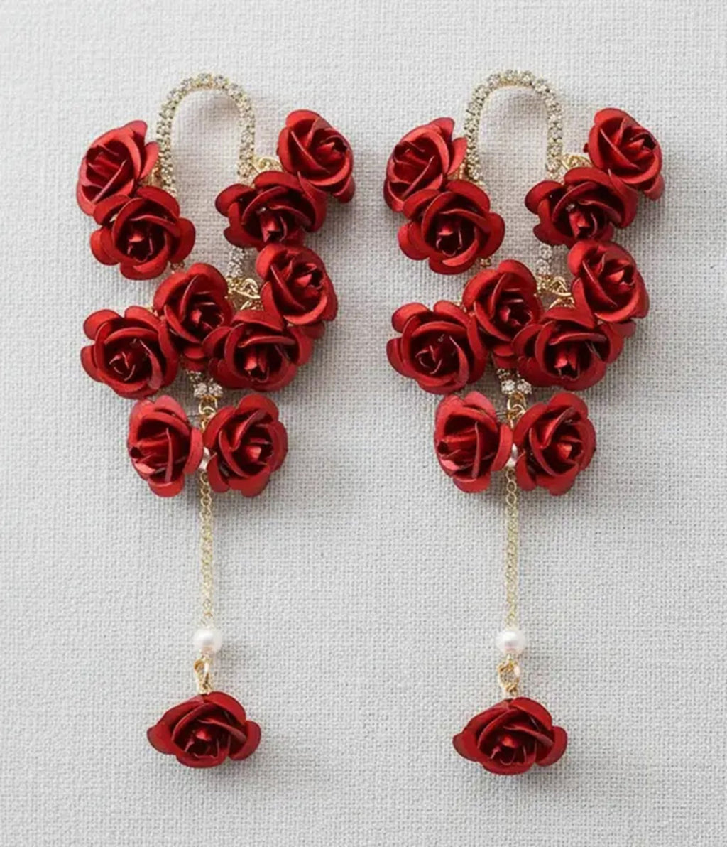 Red Rose & Rhinestone Tassel Earrings - Unique Vintage - Womens, ACCESSORIES, JEWELRY