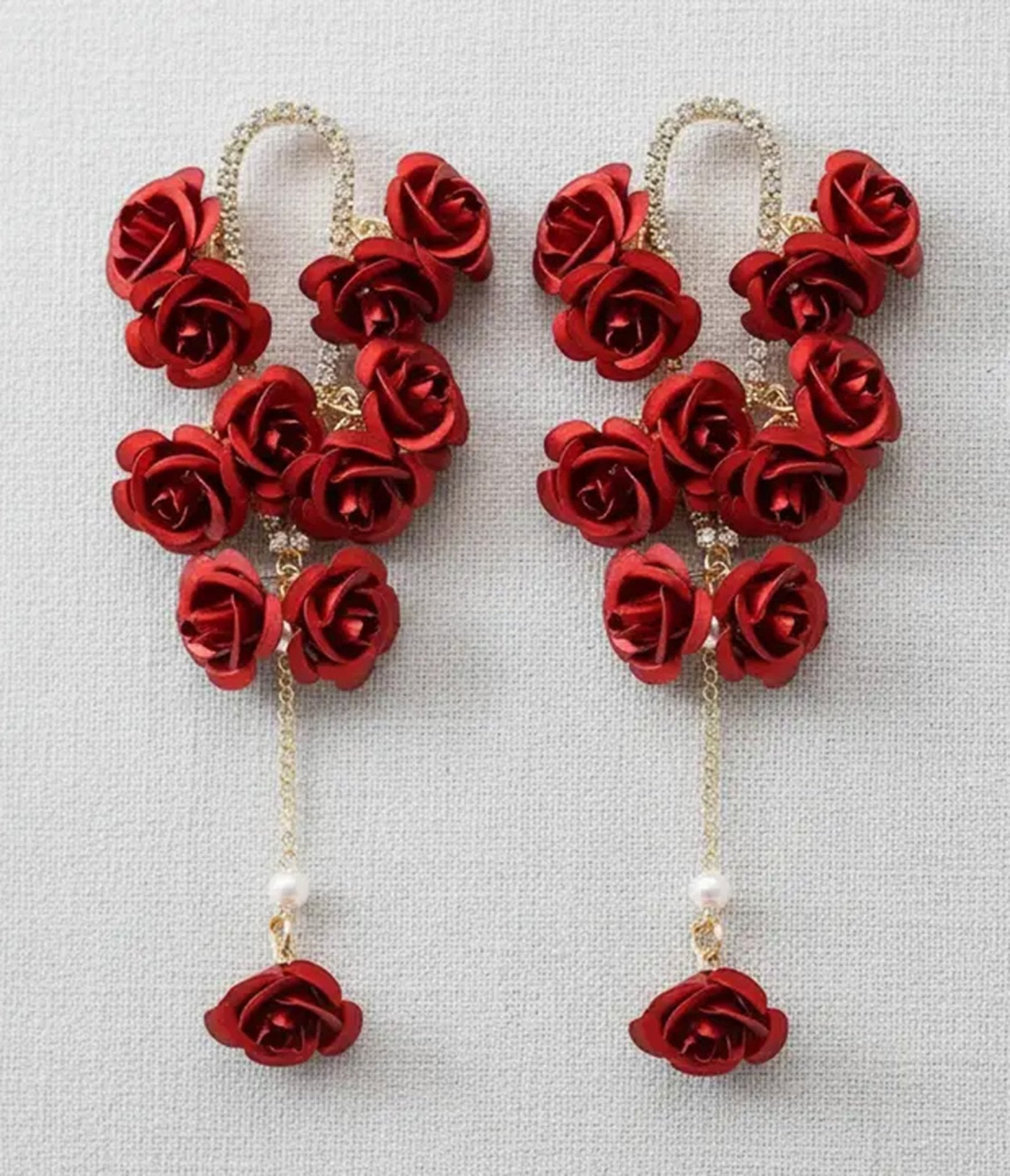 Red Rose & Rhinestone Tassel Earrings - Unique Vintage - Womens, ACCESSORIES, JEWELRY