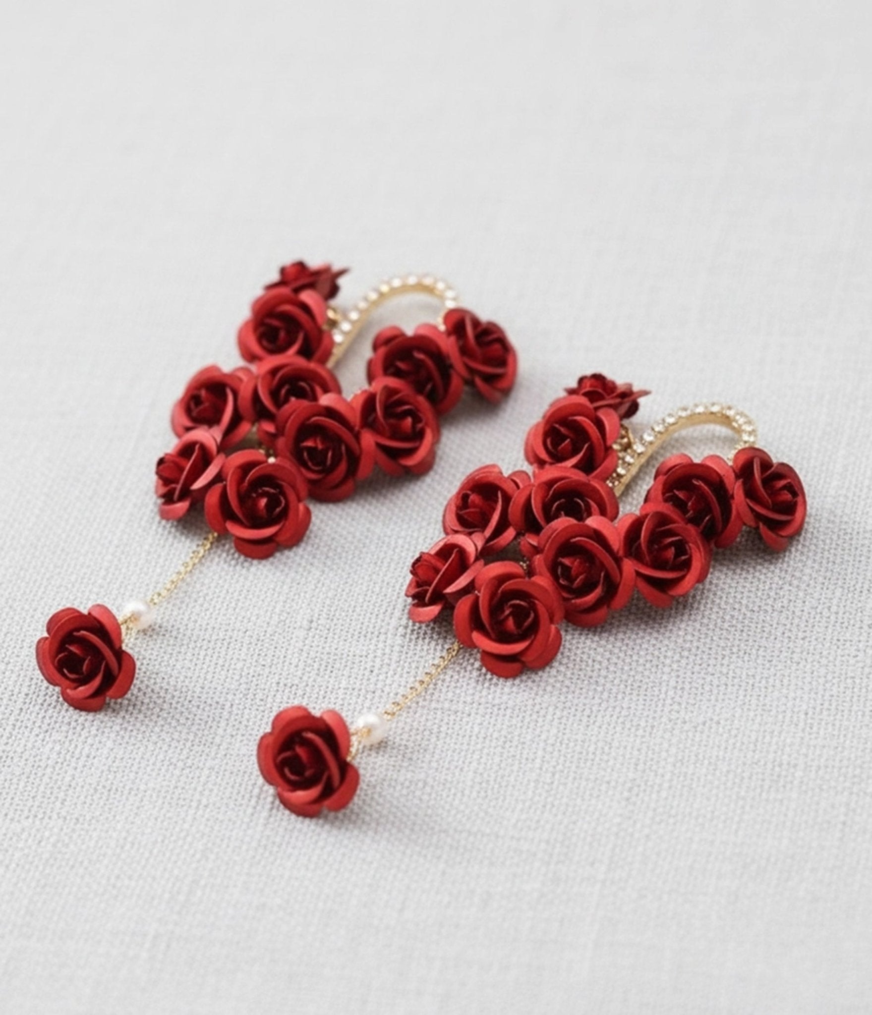 Red Rose & Rhinestone Tassel Earrings - Unique Vintage - Womens, ACCESSORIES, JEWELRY