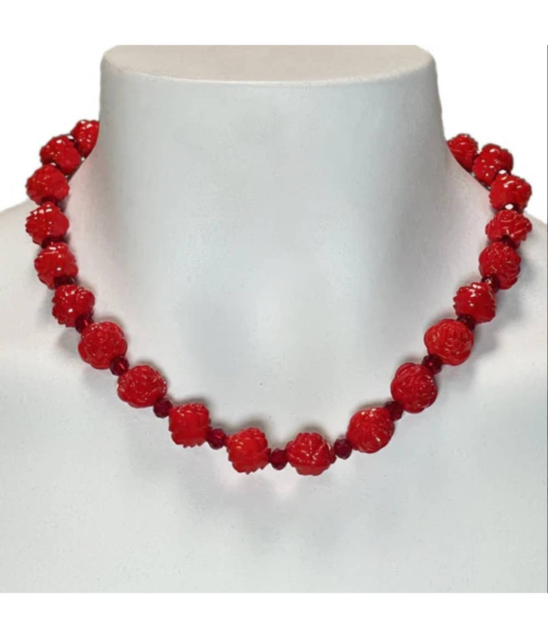 Red Roses Beaded Necklace - Unique Vintage - Womens, ACCESSORIES, JEWELRY