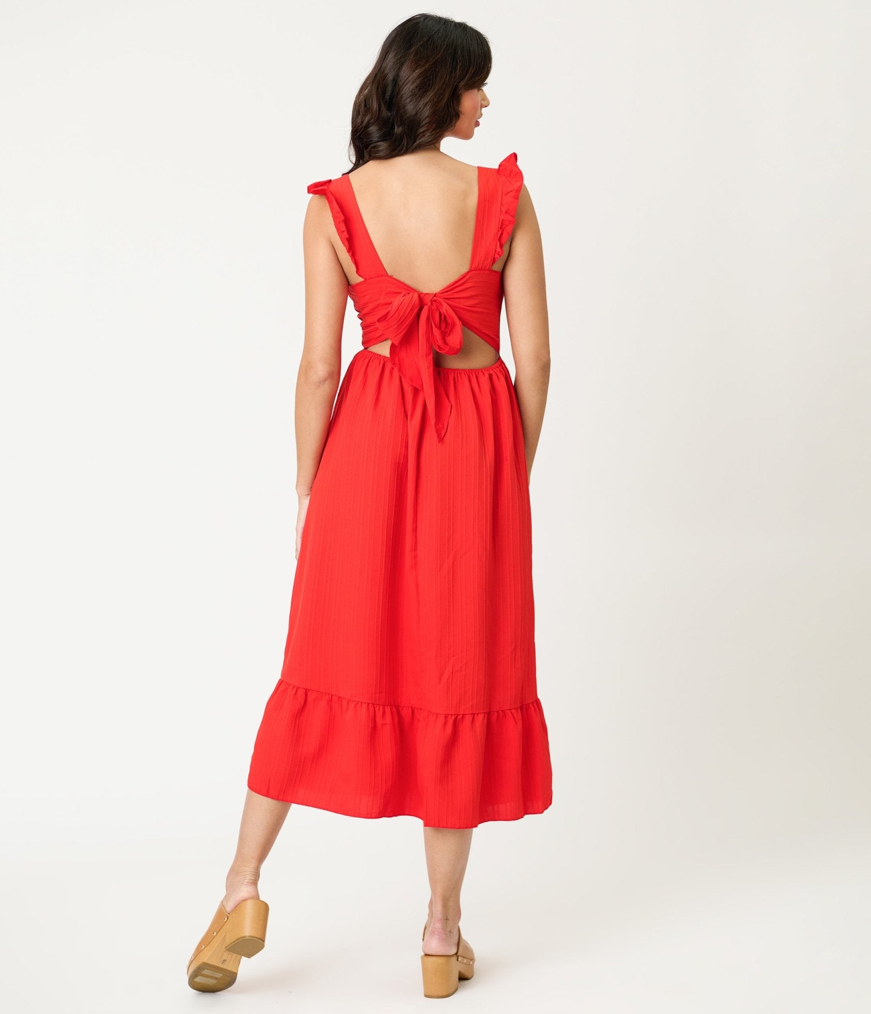 Red Ruffle Tie Back Midi Dress - Unique Vintage - Womens, DRESSES, FIT AND FLARE