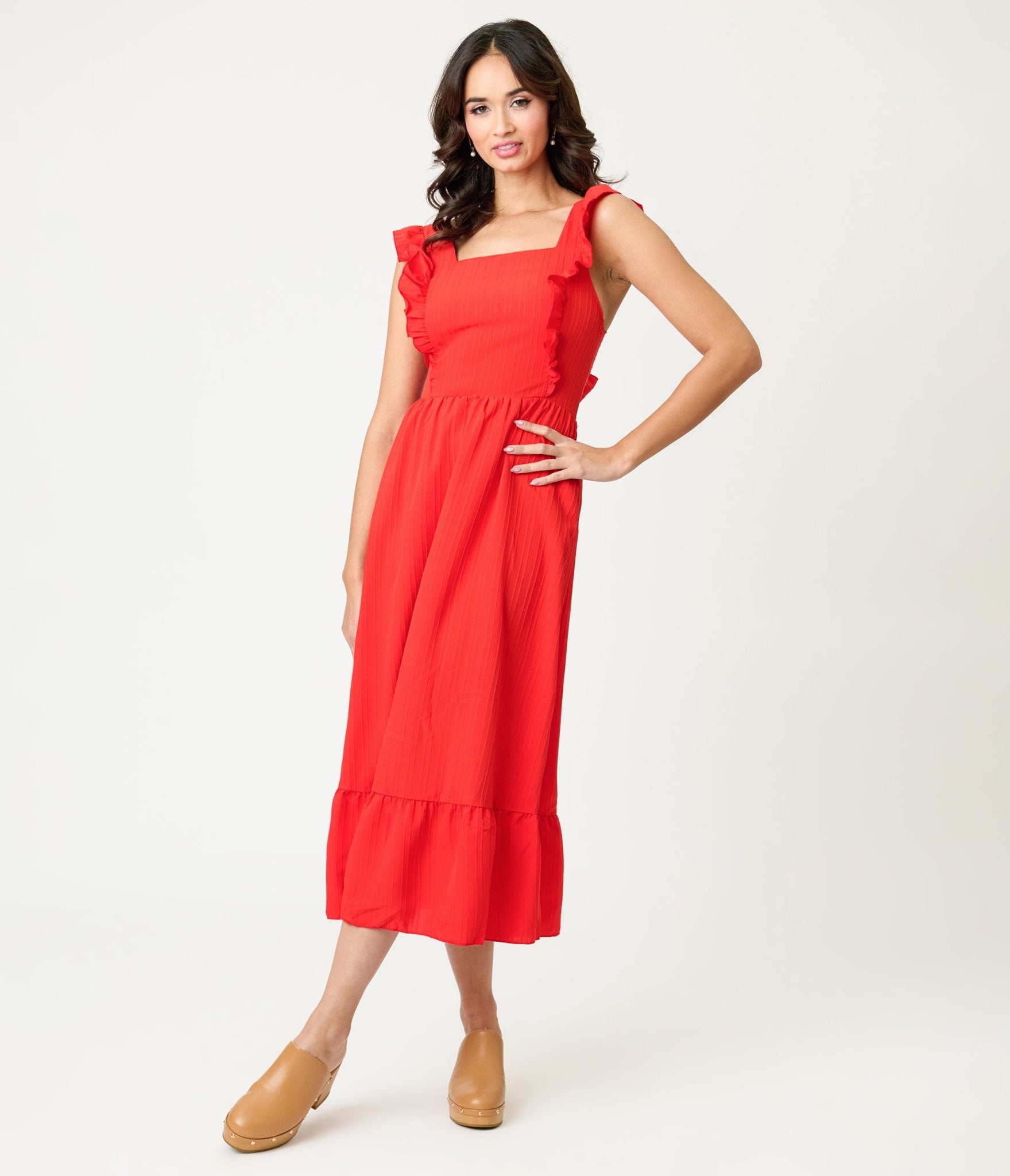 Red Ruffle Tie Back Midi Dress - Unique Vintage - Womens, DRESSES, FIT AND FLARE