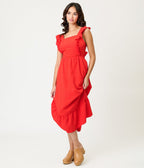 Red Ruffle Tie Back Midi Dress - Unique Vintage - Womens, DRESSES, FIT AND FLARE