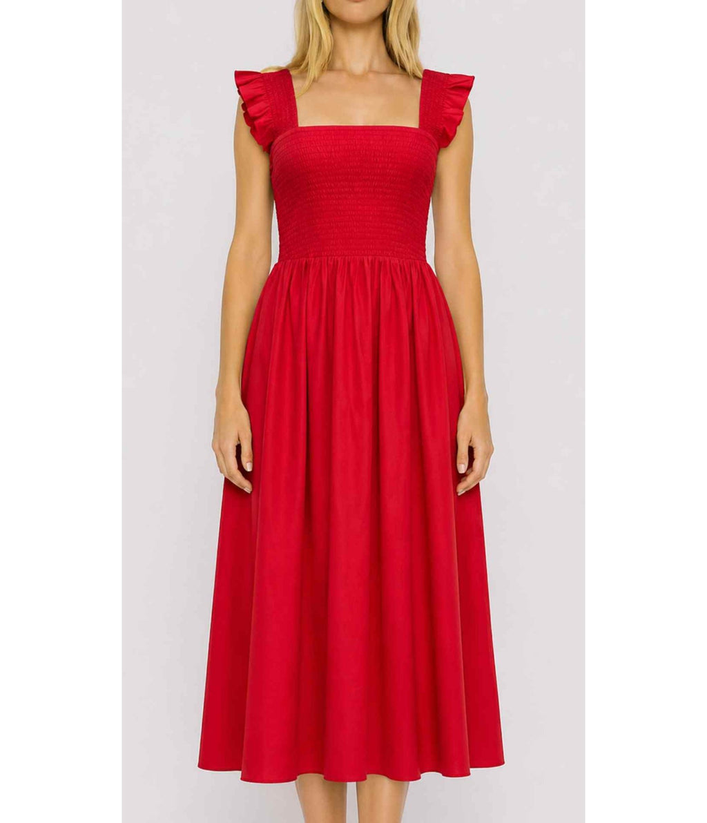 Red Smocked Ruffle Midi Dress - Unique Vintage - Womens, DRESSES, MIDI