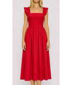 Red Smocked Ruffle Midi Dress - Unique Vintage - Womens, DRESSES, MIDI
