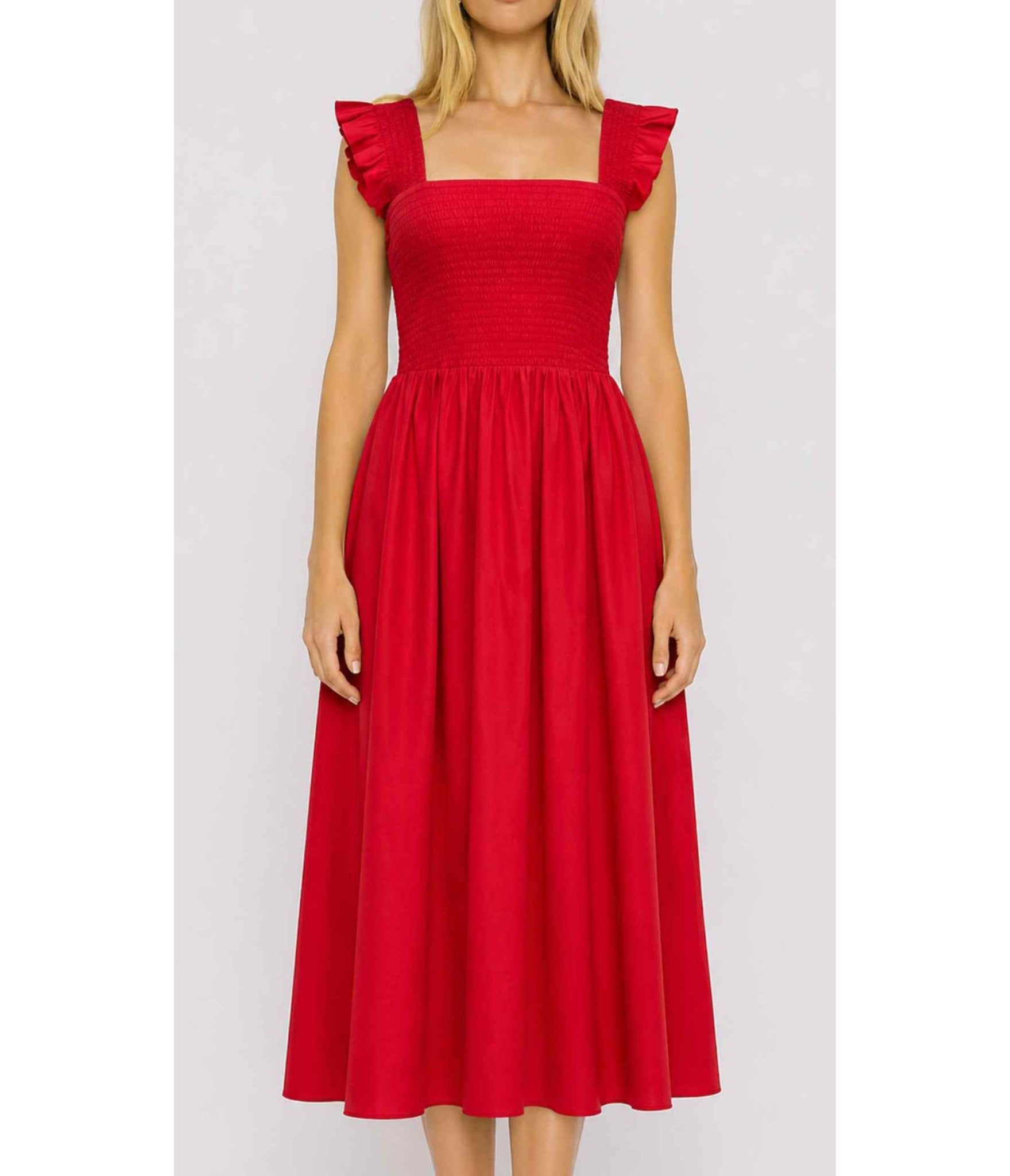 Red Smocked Ruffle Midi Dress - Unique Vintage - Womens, DRESSES, MIDI
