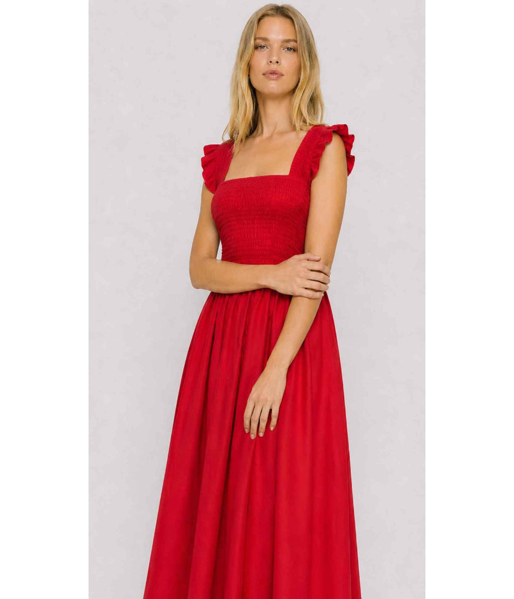 Red Smocked Ruffle Midi Dress - Unique Vintage - Womens, DRESSES, MIDI