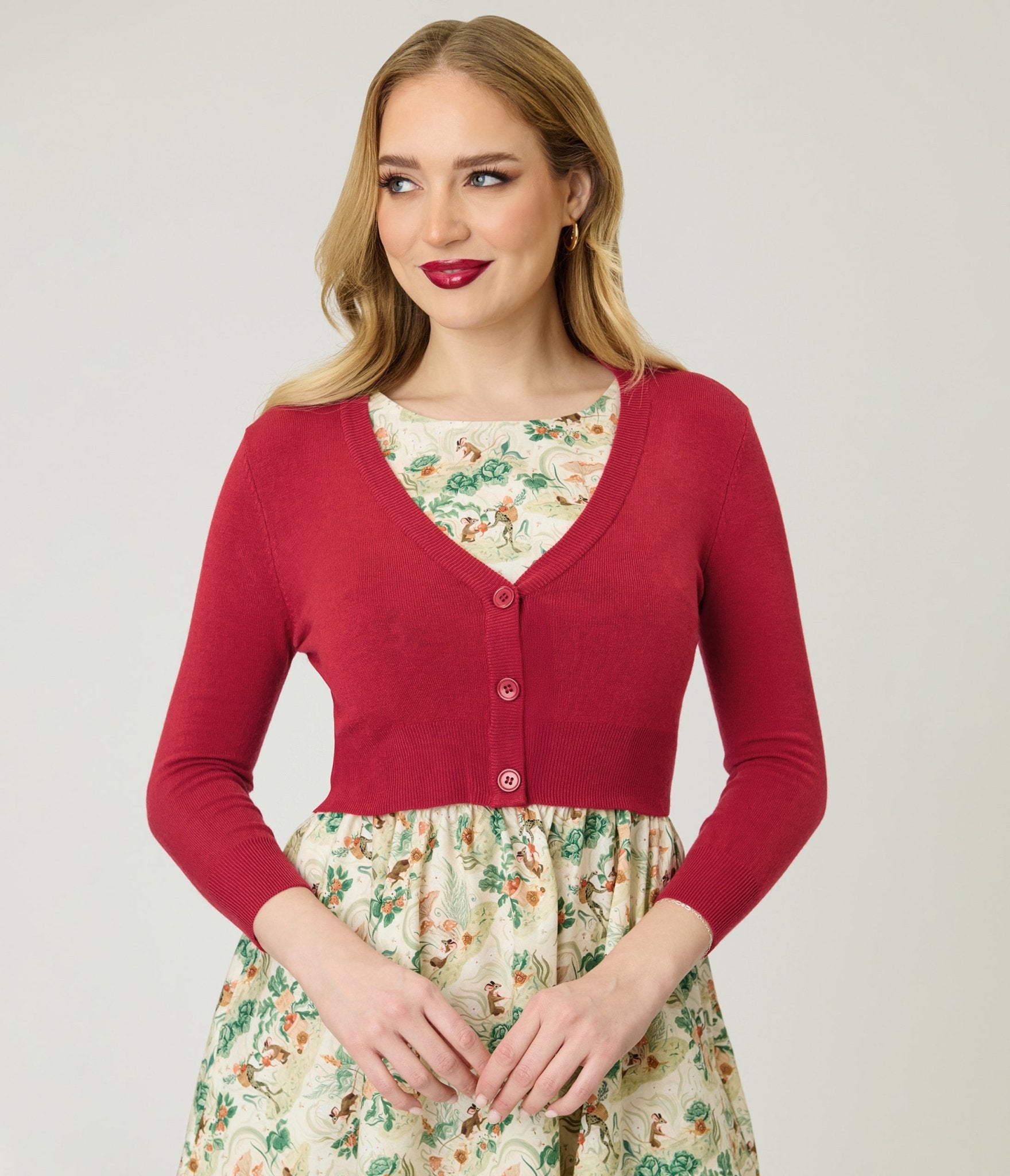 Red Three Quarter Sleeve Crop Cardigan - Unique Vintage - Womens, TOPS, SWEATERS