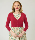 Red Three Quarter Sleeve Crop Cardigan - Unique Vintage - Womens, TOPS, SWEATERS