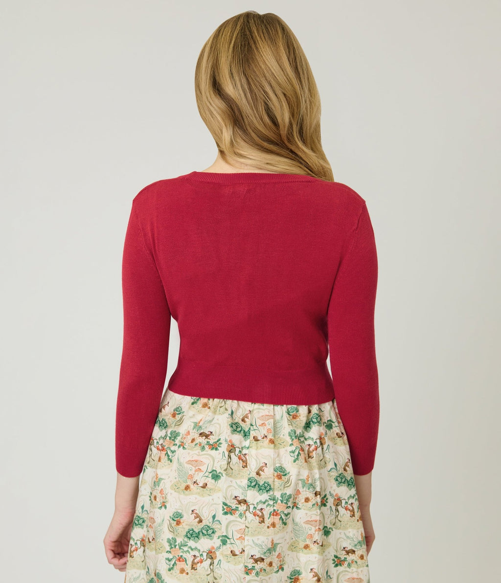 Red Three Quarter Sleeve Crop Cardigan - Unique Vintage - Womens, TOPS, SWEATERS