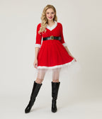 Red Velvet & White Fur Hooded Flare Dress - Unique Vintage - Womens, DRESSES, FIT AND FLARE
