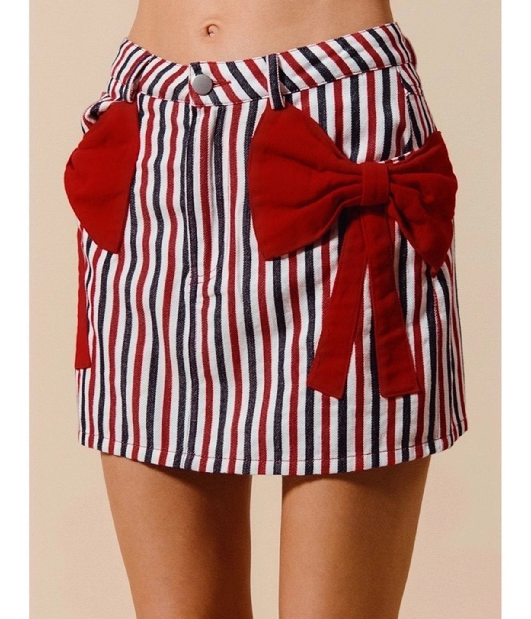 Red White & Black Striped Bow Denim Mini Skirt - Unique Vintage - Womens, BOTTOMS, SKIRTS
