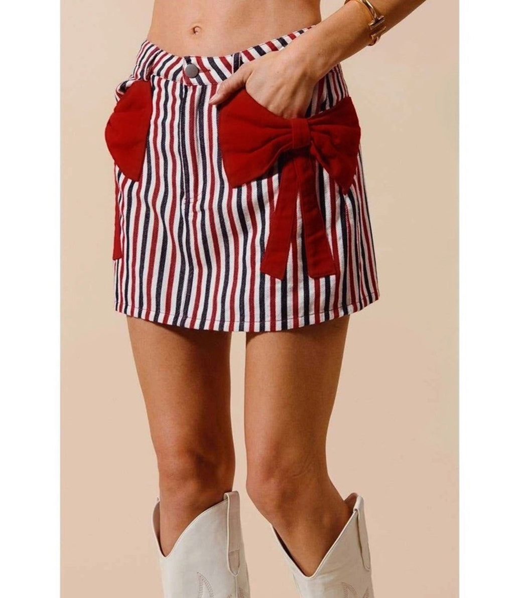 Red White & Black Striped Bow Denim Mini Skirt - Unique Vintage - Womens, BOTTOMS, SKIRTS