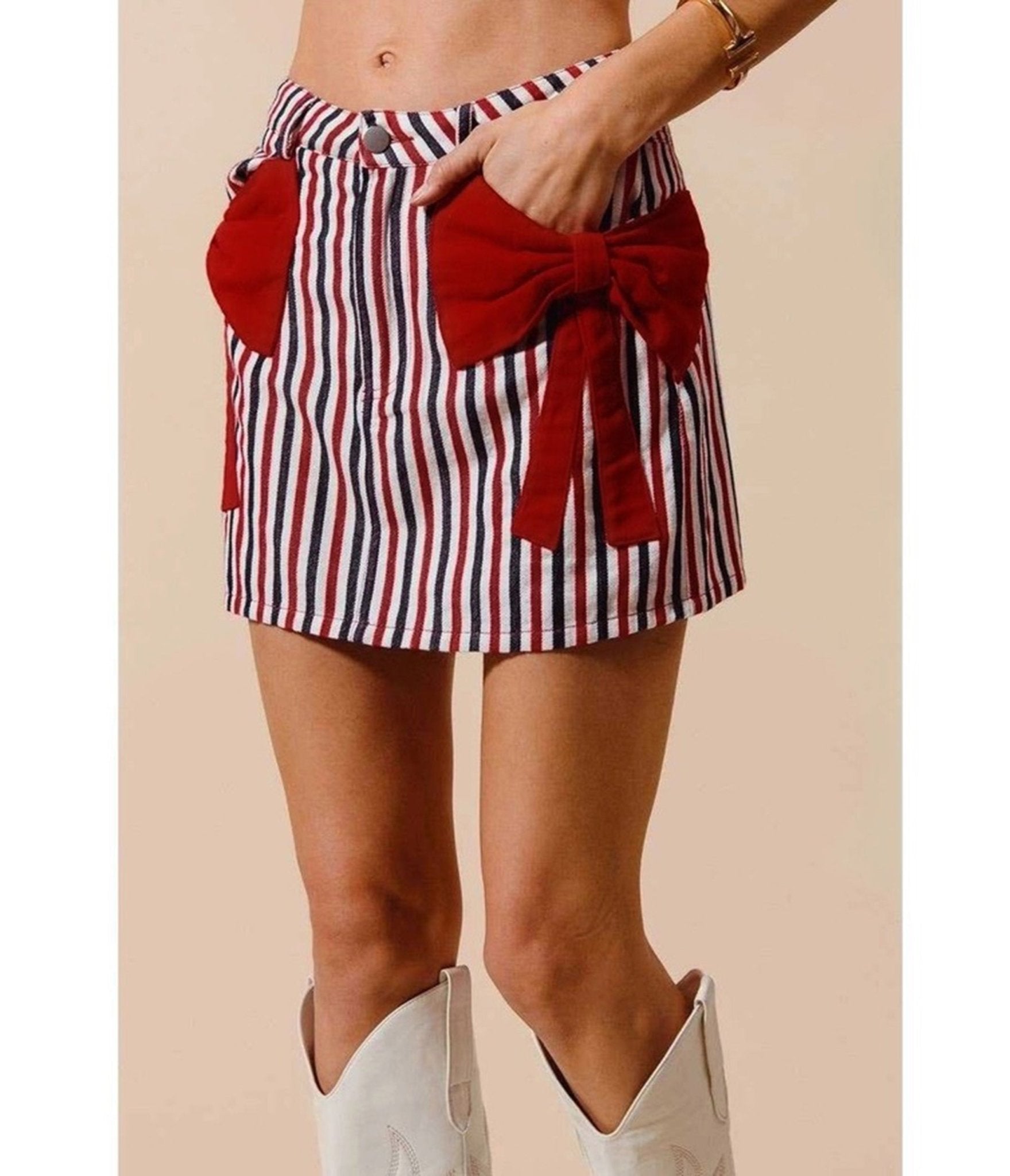 Red White & Black Striped Bow Denim Mini Skirt - Unique Vintage - Womens, BOTTOMS, SKIRTS