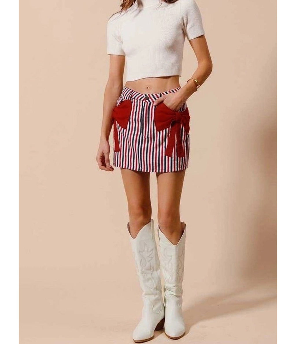 Red White & Black Striped Bow Denim Mini Skirt - Unique Vintage - Womens, BOTTOMS, SKIRTS