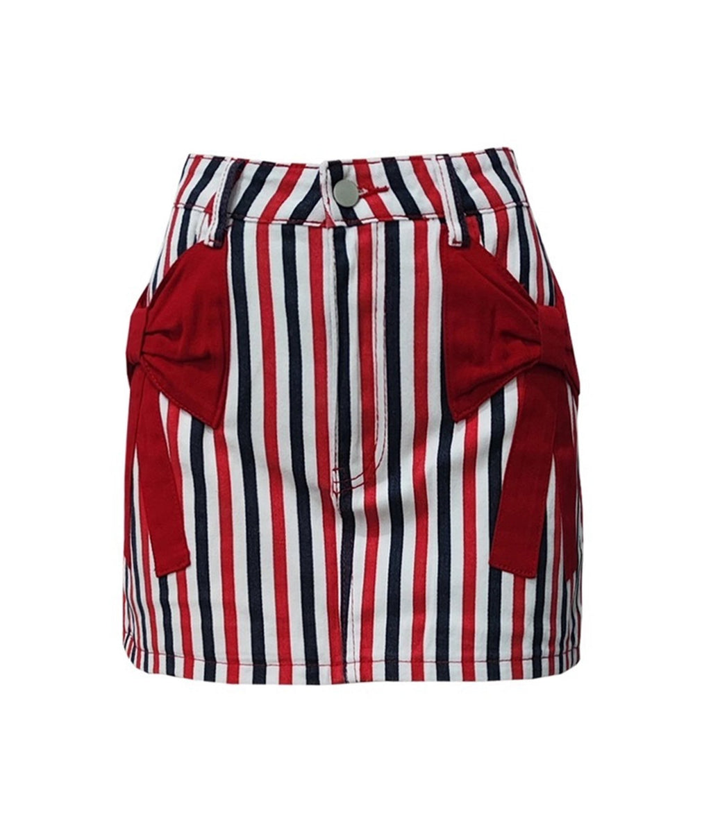 Red White & Black Striped Bow Denim Mini Skirt - Unique Vintage - Womens, BOTTOMS, SKIRTS