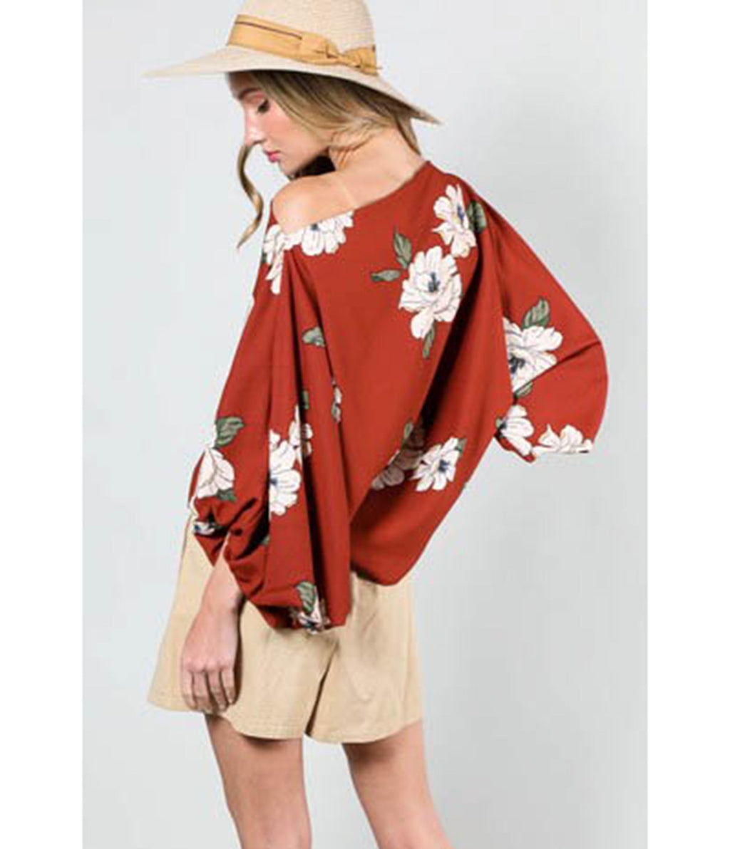 Red & White Floral Boatneck Blouse - Unique Vintage - Womens, TOPS, SHIRTS