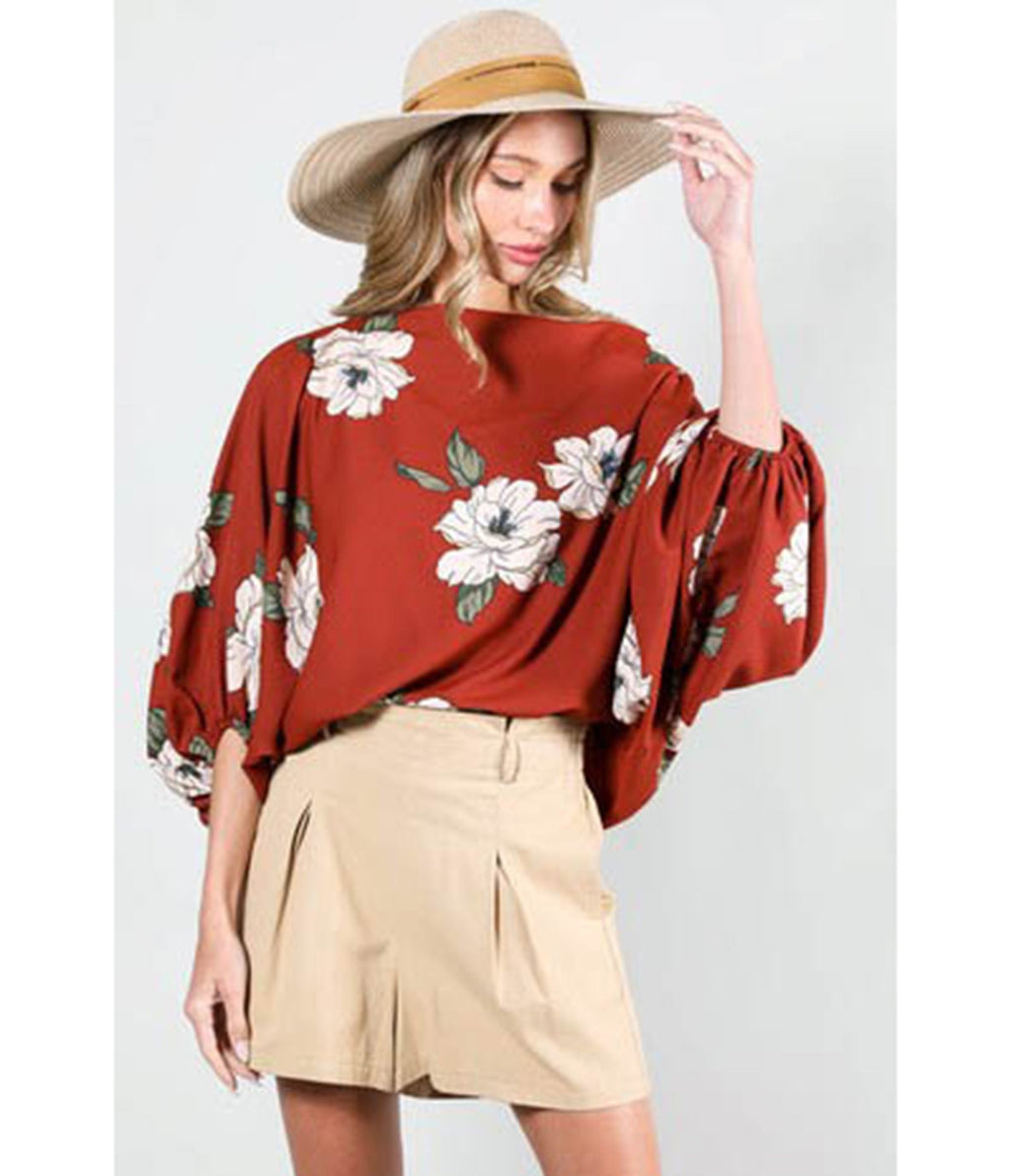 Red & White Floral Boatneck Blouse - Unique Vintage - Womens, TOPS, SHIRTS