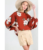 Red & White Floral Boatneck Blouse - Unique Vintage - Womens, TOPS, SHIRTS