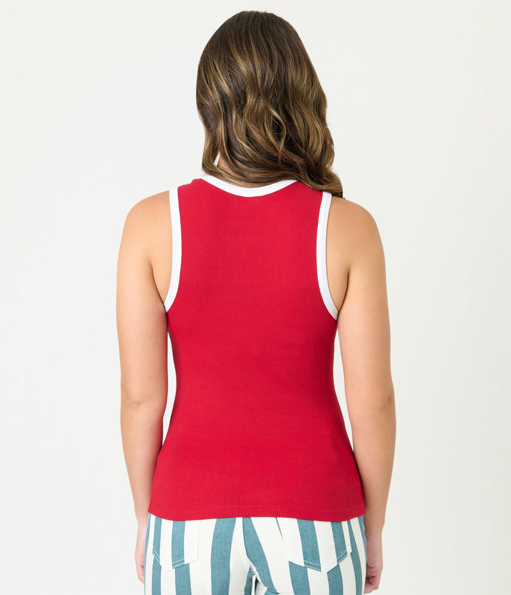 Red & White Maria Crew Neck Muscle Tank Top - Unique Vintage - Womens, TOPS, WOVEN TOPS