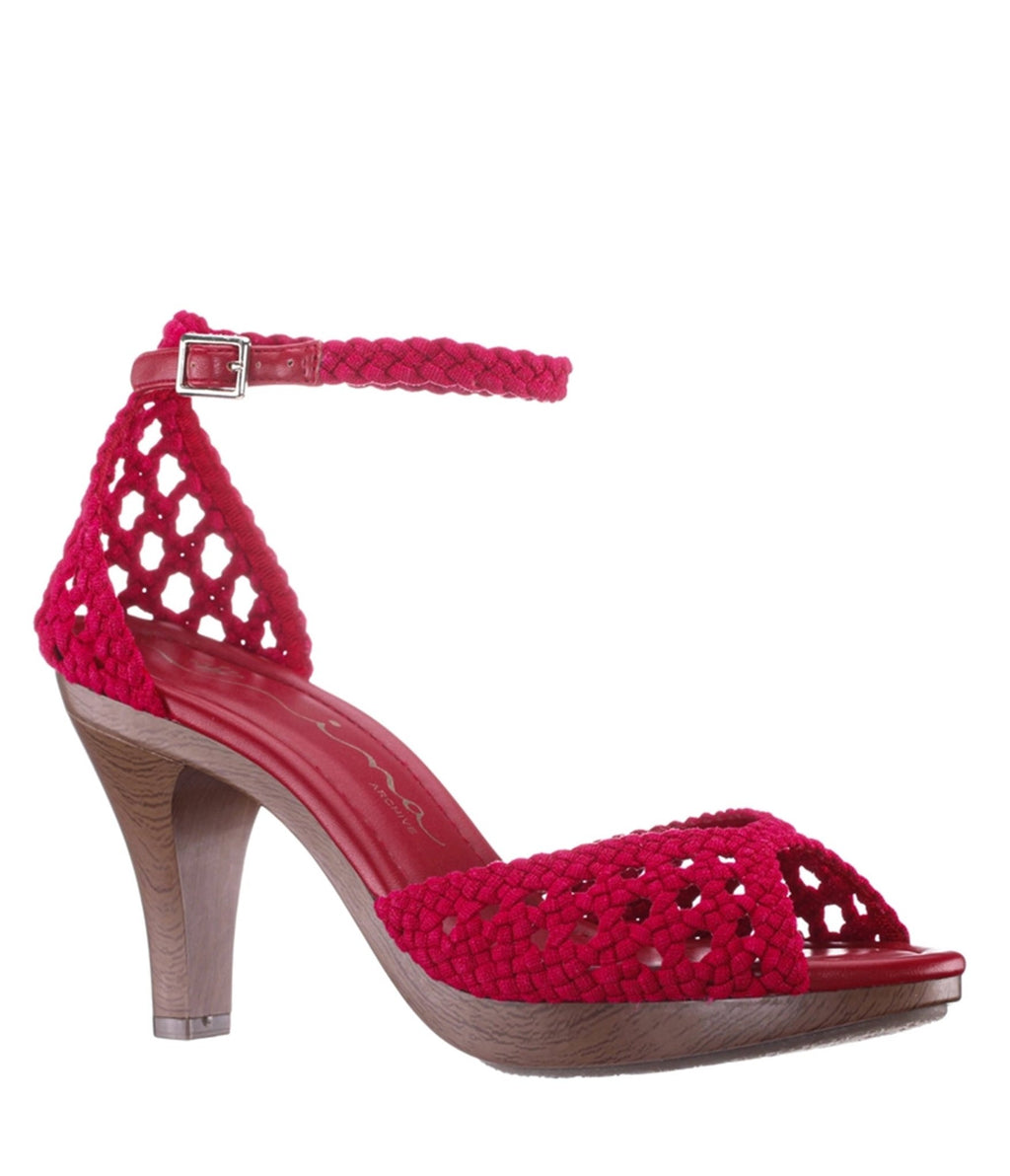 Red Woven Peep Toe Heels - Unique Vintage - Womens, SHOES, HEELS