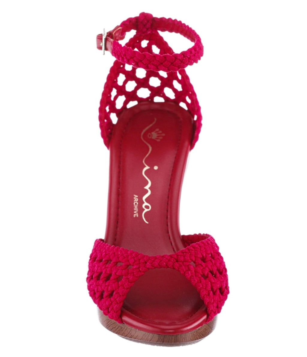 Red Woven Peep Toe Heels - Unique Vintage - Womens, SHOES, HEELS