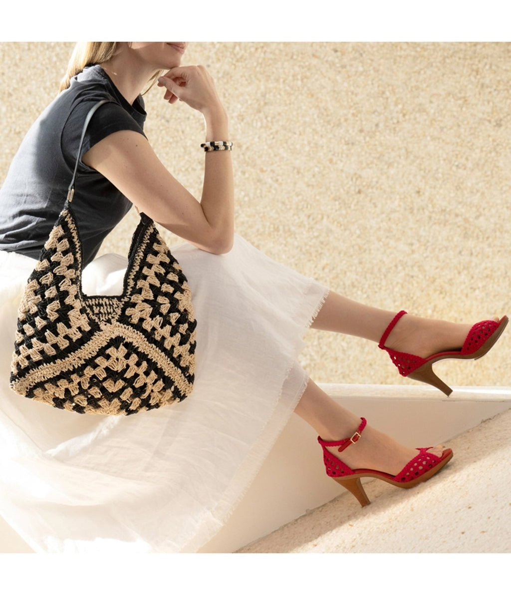 Red Woven Peep Toe Heels - Unique Vintage - Womens, SHOES, HEELS