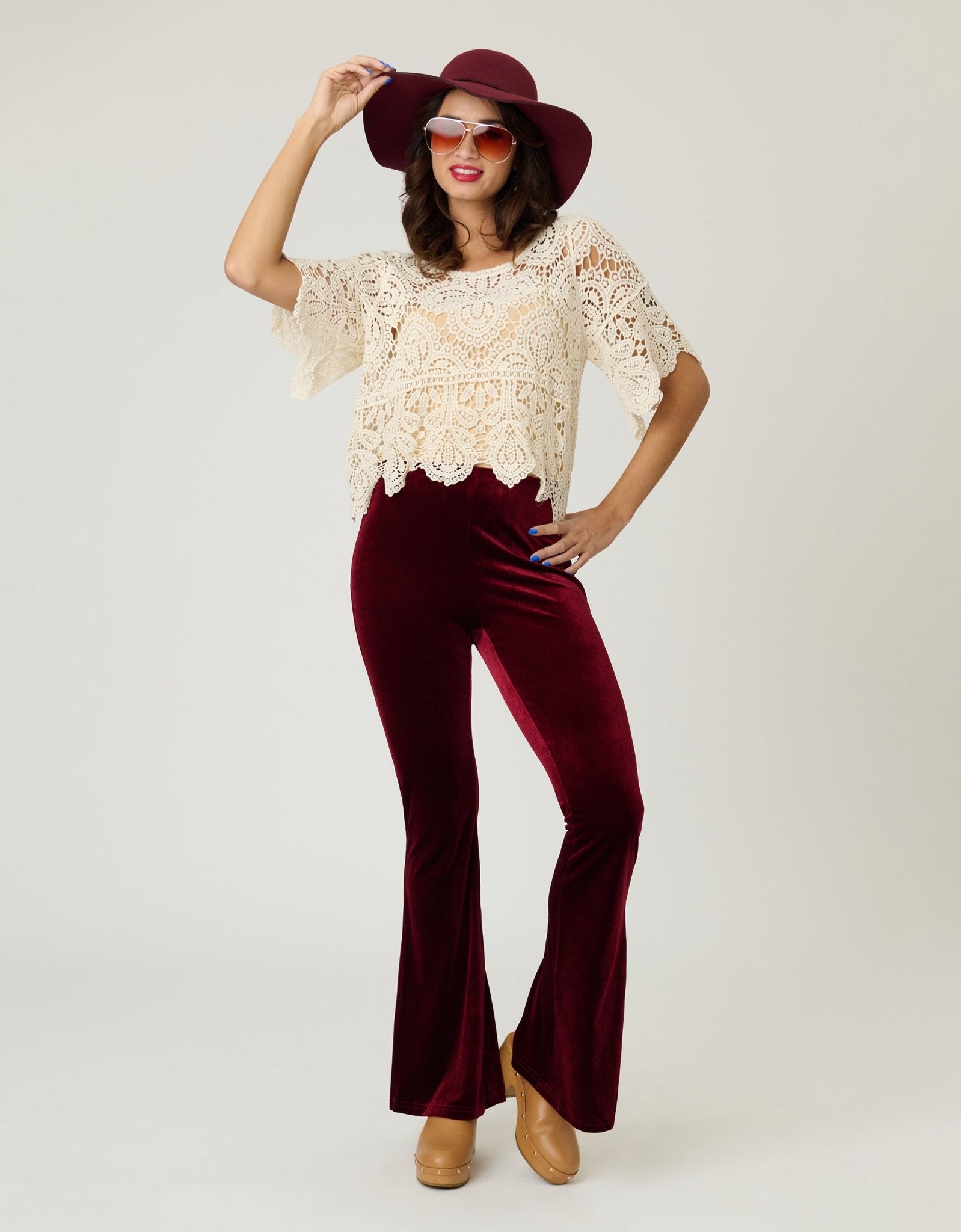 Retro Burgundy Velvet Flare Pants - Unique Vintage - Womens, BOTTOMS, PANTS