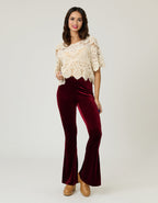 Retro Burgundy Velvet Flare Pants - Unique Vintage - Womens, BOTTOMS, PANTS