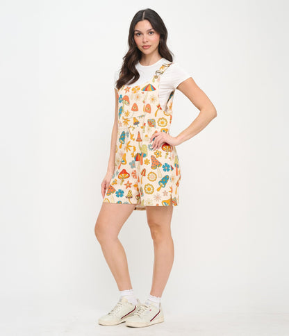 Retro Mushroom & Hippie Daisy Floral Cotton Short Overalls - Unique Vintage - Womens, BOTTOMS, ROMPERS AND JUMPSUITS