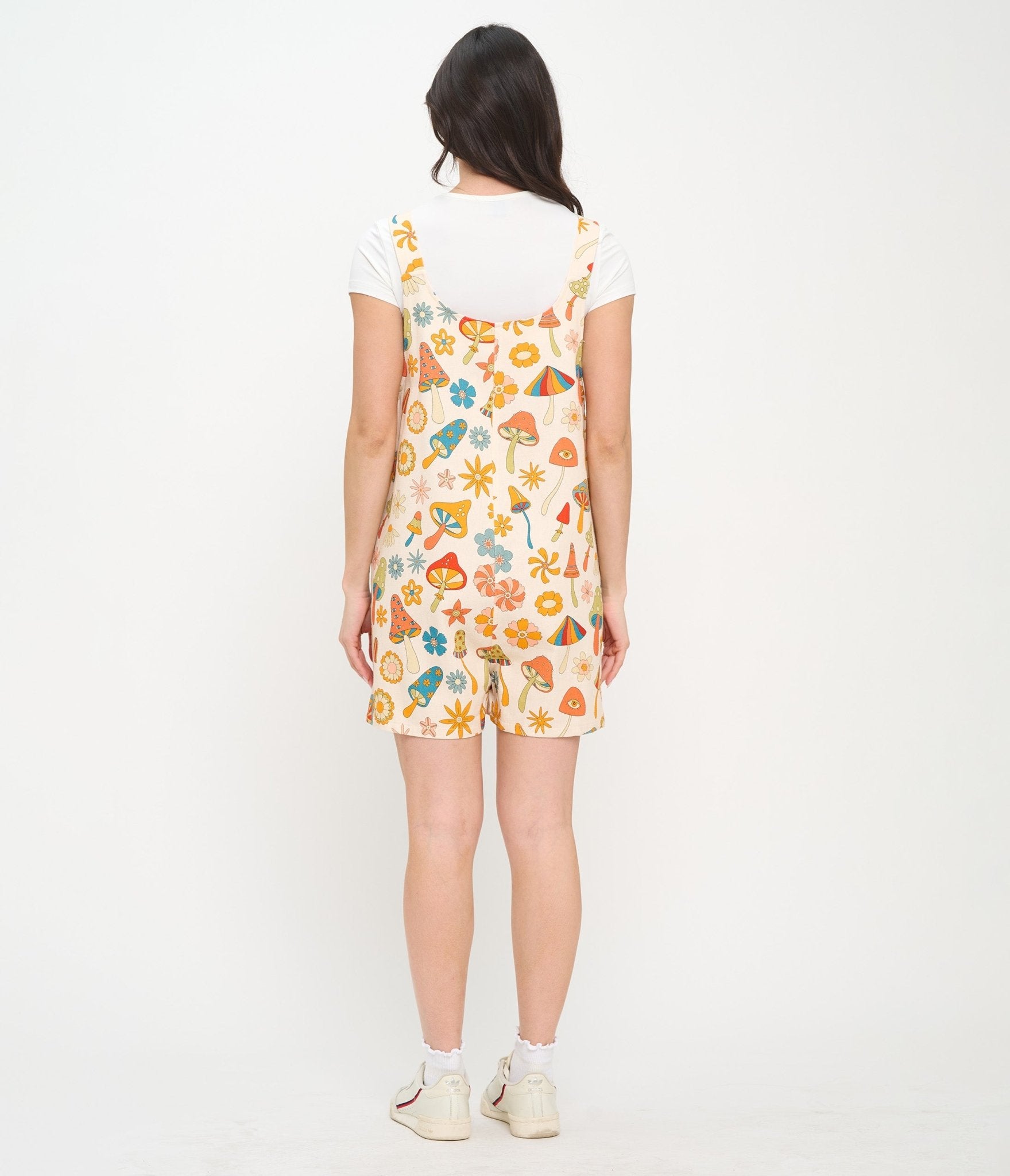 Retro Mushroom & Hippie Daisy Floral Cotton Short Overalls - Unique Vintage - Womens, BOTTOMS, ROMPERS AND JUMPSUITS