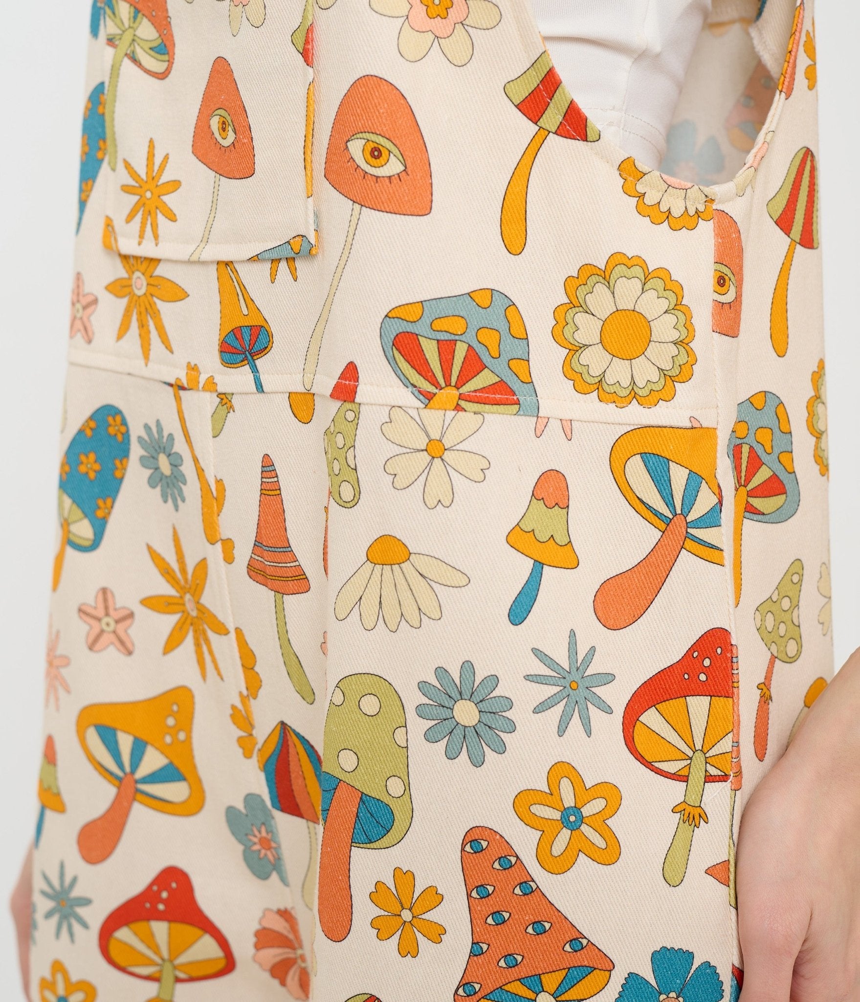 Retro Mushroom & Hippie Daisy Floral Cotton Short Overalls - Unique Vintage - Womens, BOTTOMS, ROMPERS AND JUMPSUITS