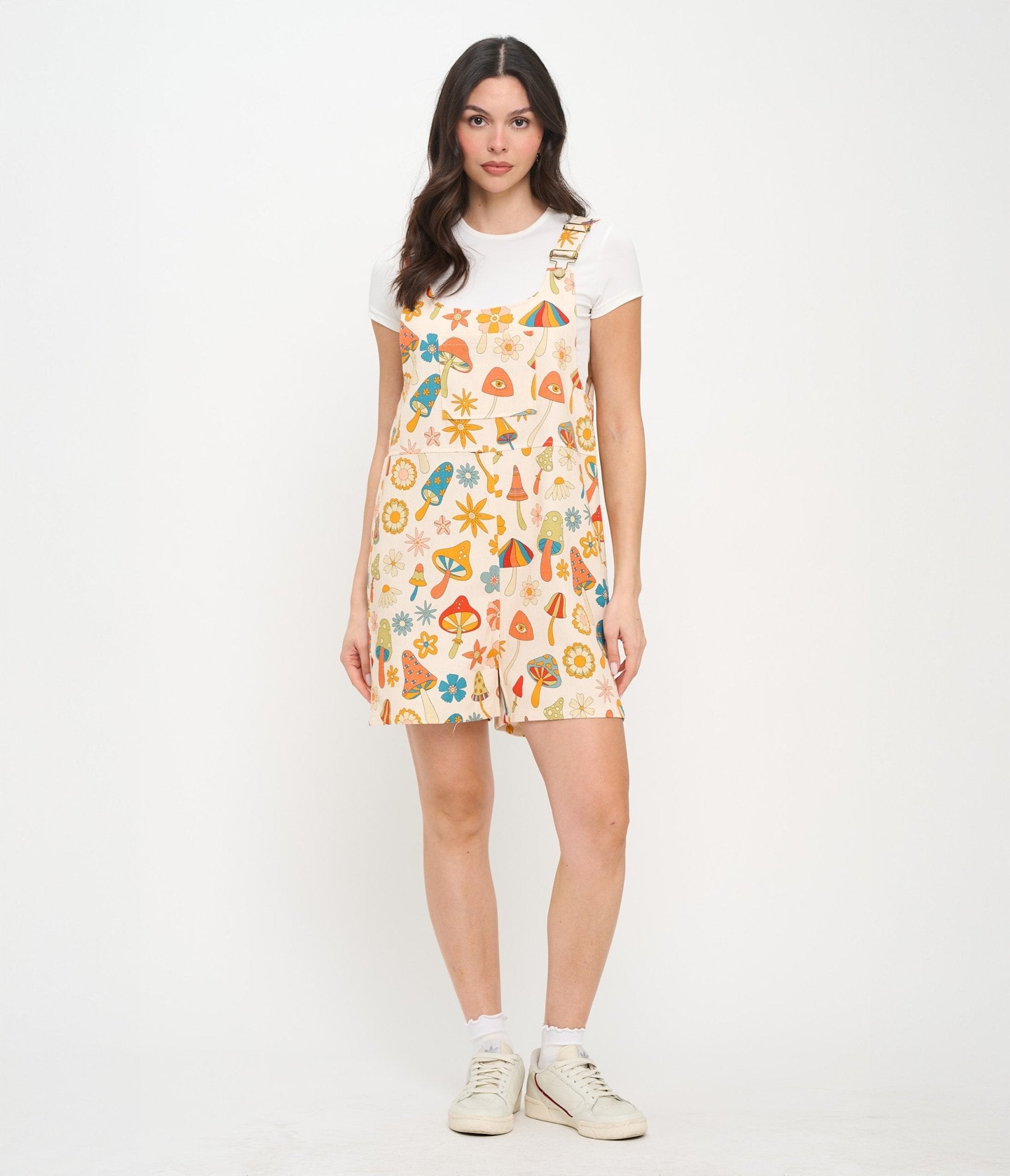 Retro Mushroom & Hippie Daisy Floral Cotton Short Overalls - Unique Vintage - Womens, BOTTOMS, ROMPERS AND JUMPSUITS