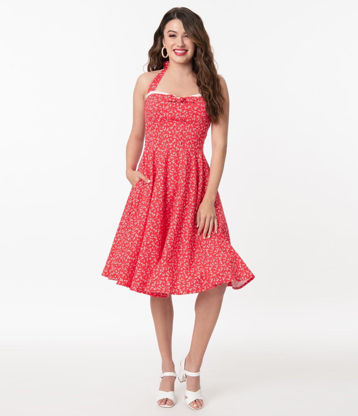 Retro Red & White Floral Halter Kimberley Swing Dress - Unique Vintage - Womens, DRESSES, SWING