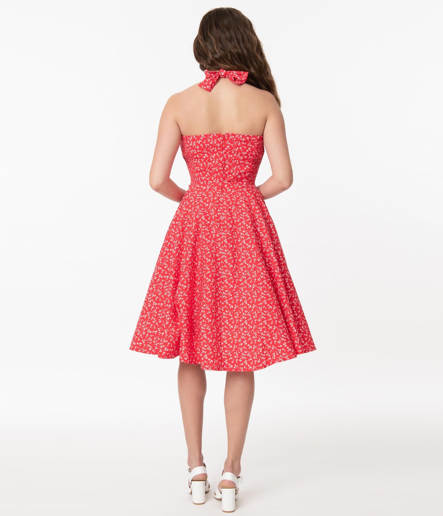 Retro Red & White Floral Halter Kimberley Swing Dress - Unique Vintage - Womens, DRESSES, SWING