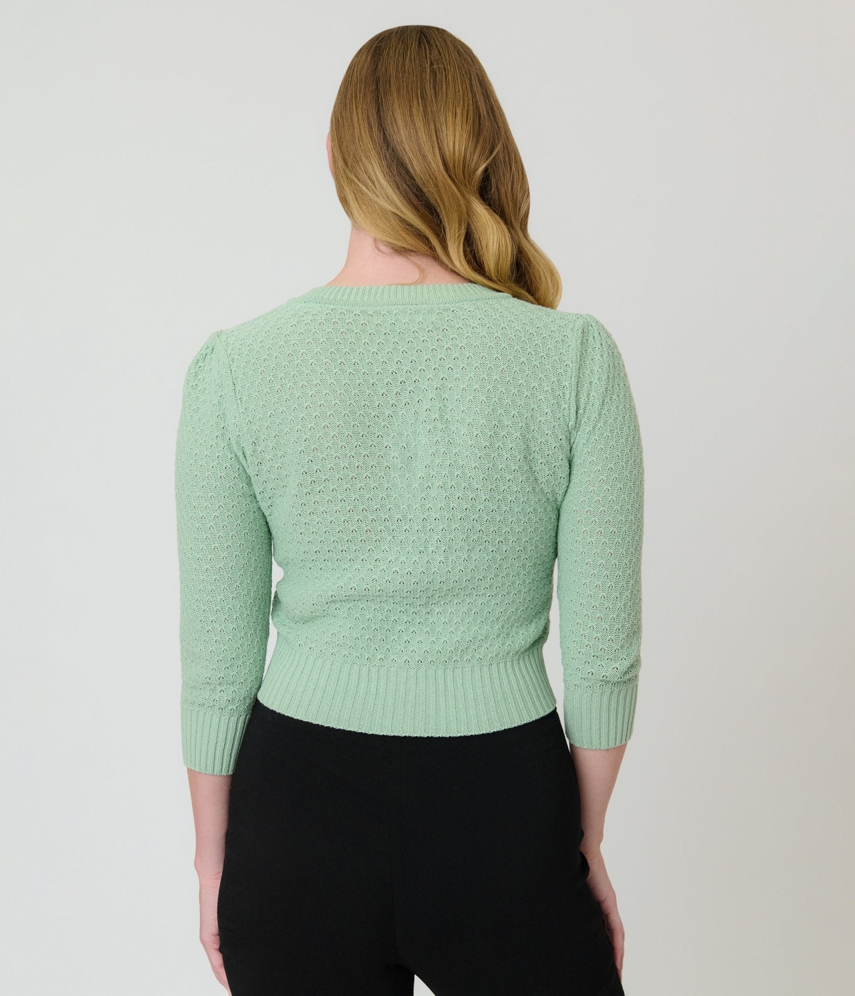 Retro Style Aqua Crochet Cardigan - Unique Vintage - Womens, TOPS, SWEATERS