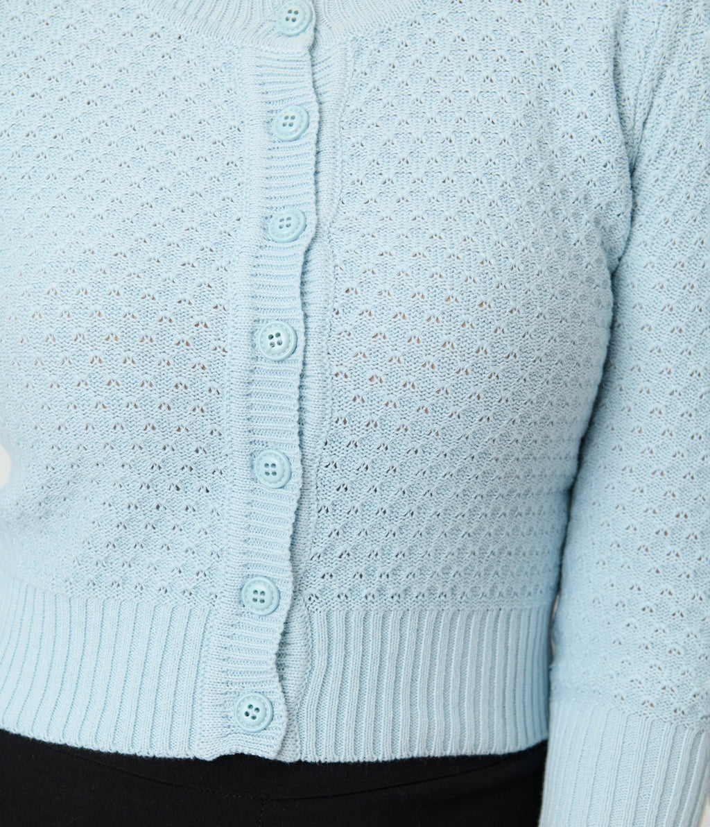 Retro Style Light Blue Crochet Cardigan - Unique Vintage - Womens, TOPS, SWEATERS