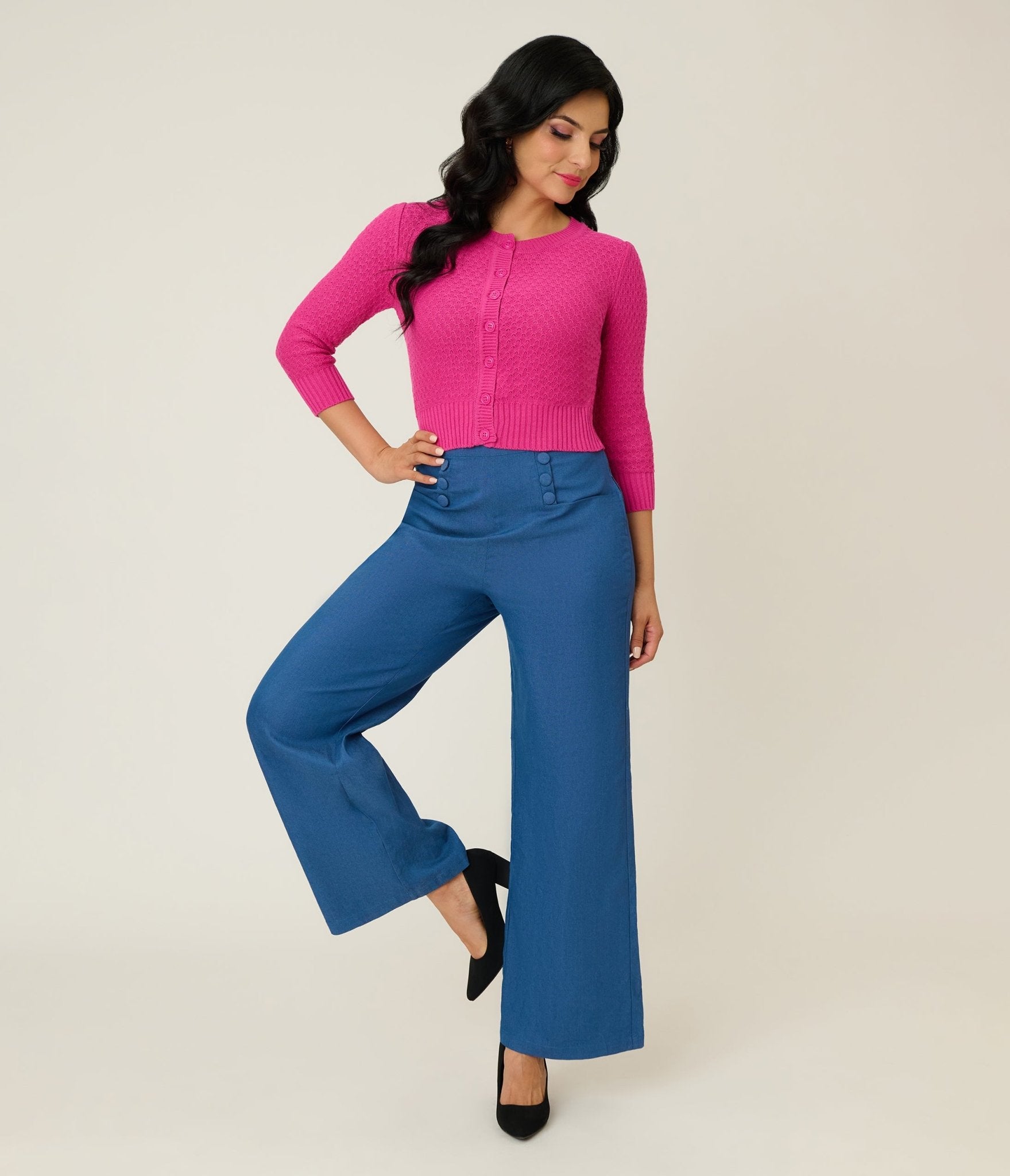 Retro Style Magenta Crochet Cardigan - Unique Vintage - Womens, TOPS, SWEATERS