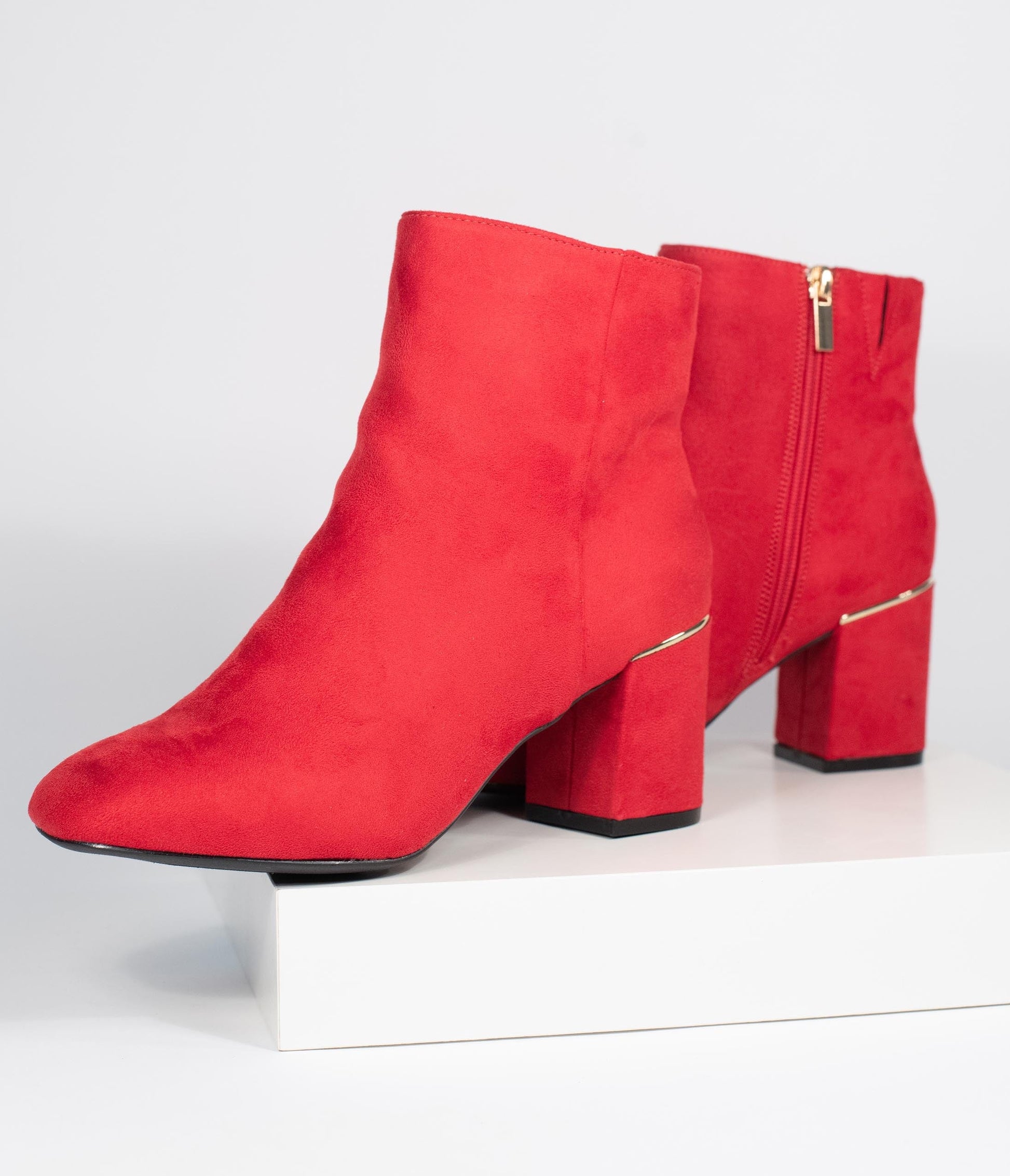 Retro Style Red Suede Heel Booties - Unique Vintage - Womens, SHOES, HEELS